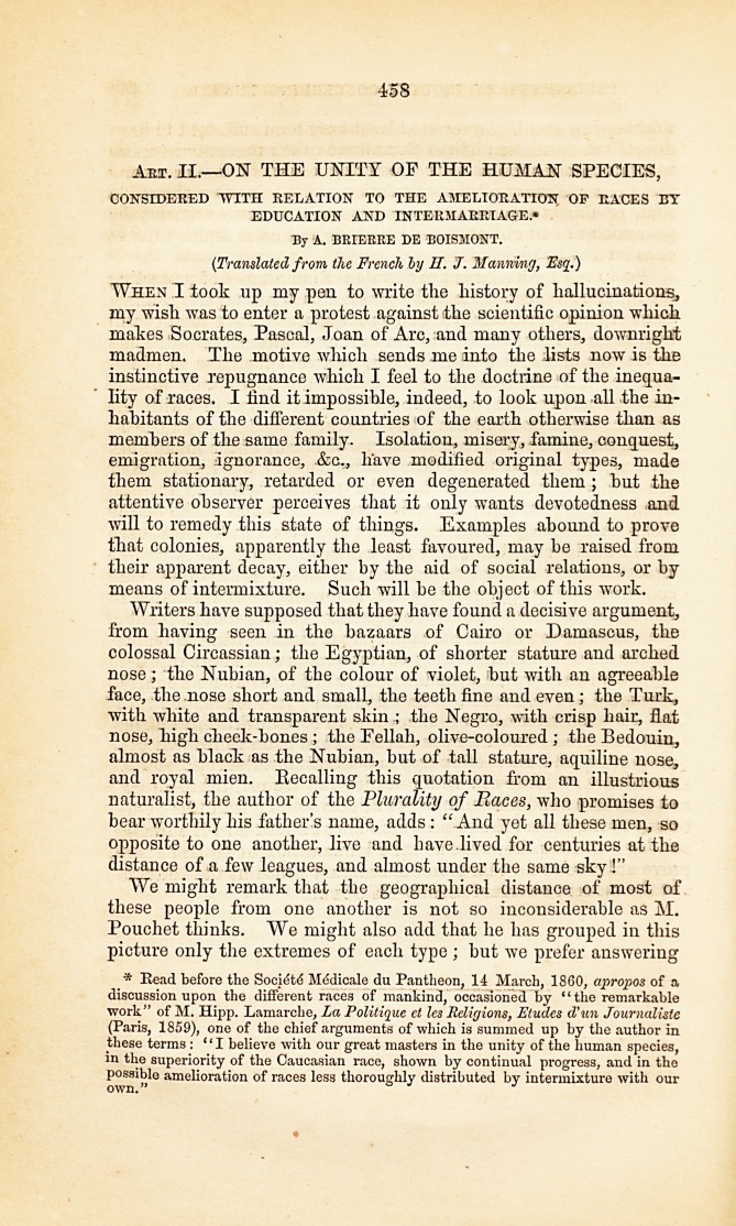 On the Unity of the Human Species: Considered with Relation to the Amelioration of Races by Education and Intermarriage.