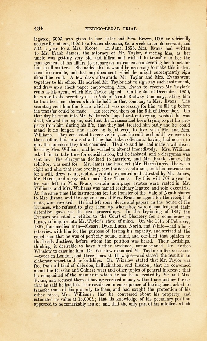 Medico-Legal Trial: Disputed Will.-Plea of Unsound Mind. Court of Probate, May 18. Before Sir C. Cresswell and a Special Jury. Williams <i>v</i>. Evans.