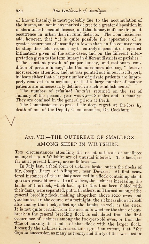 The Outbreak of Smallpox among Sheep in Wiltshire.