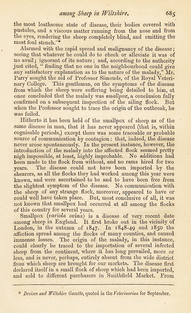 The Outbreak of Smallpox among Sheep in Wiltshire.