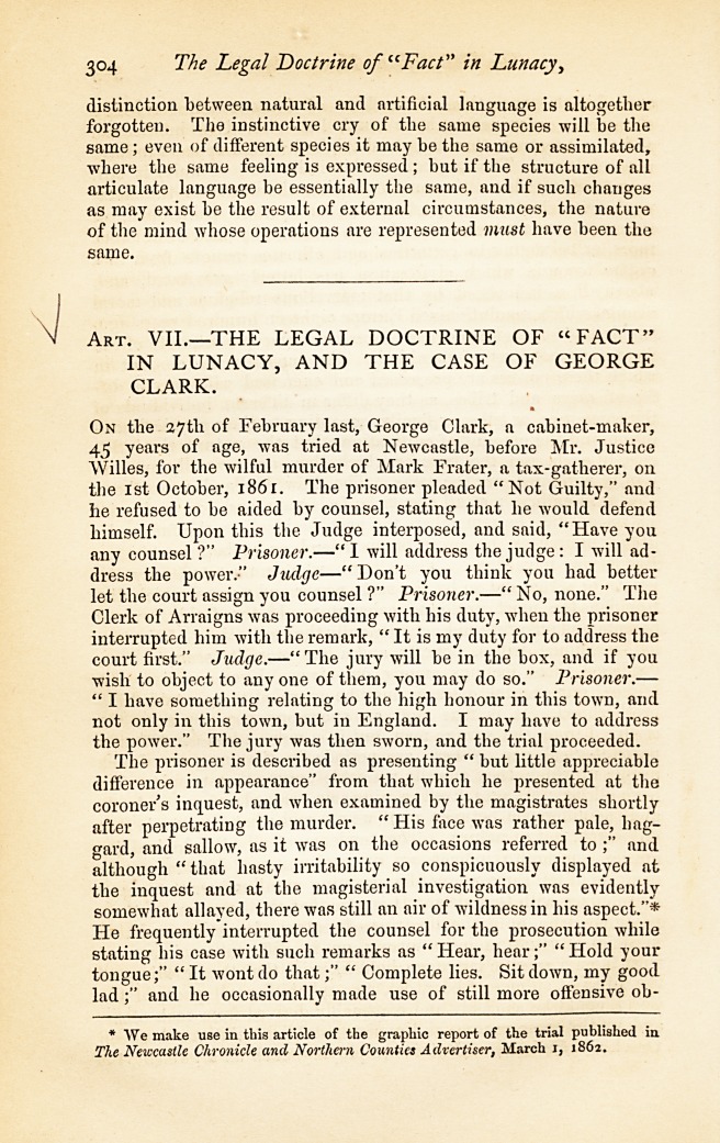 The Legal Doctrine of "Fact" in Lunacy, and the Case of George Clark.