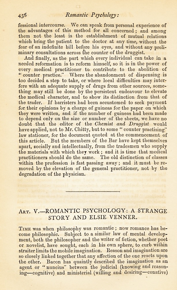 Romantic Psychology: A Strange Story and Elsie Venner.