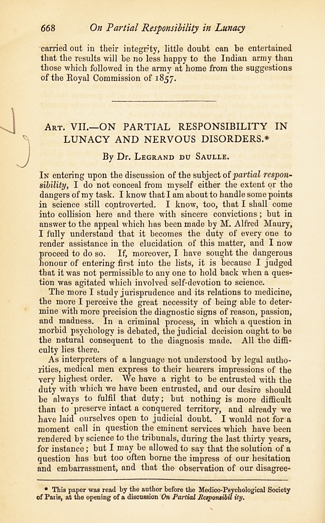 On Partial Responsibility in Lunacy and Nervous Disorders.