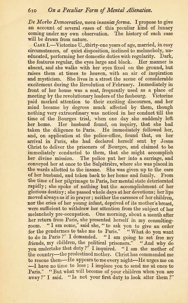 On a Peculiar Form of Mental Alienation, Caused by the Political and Social Disturbances in France, during 1848.