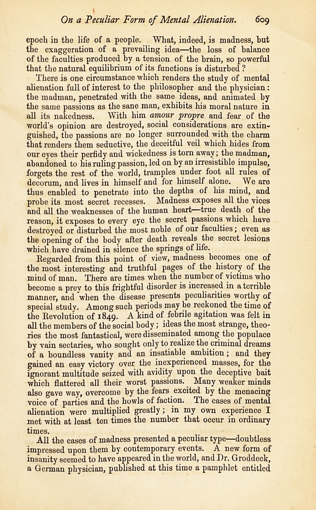 On a Peculiar Form of Mental Alienation, Caused by the Political and Social Disturbances in France, during 1848.