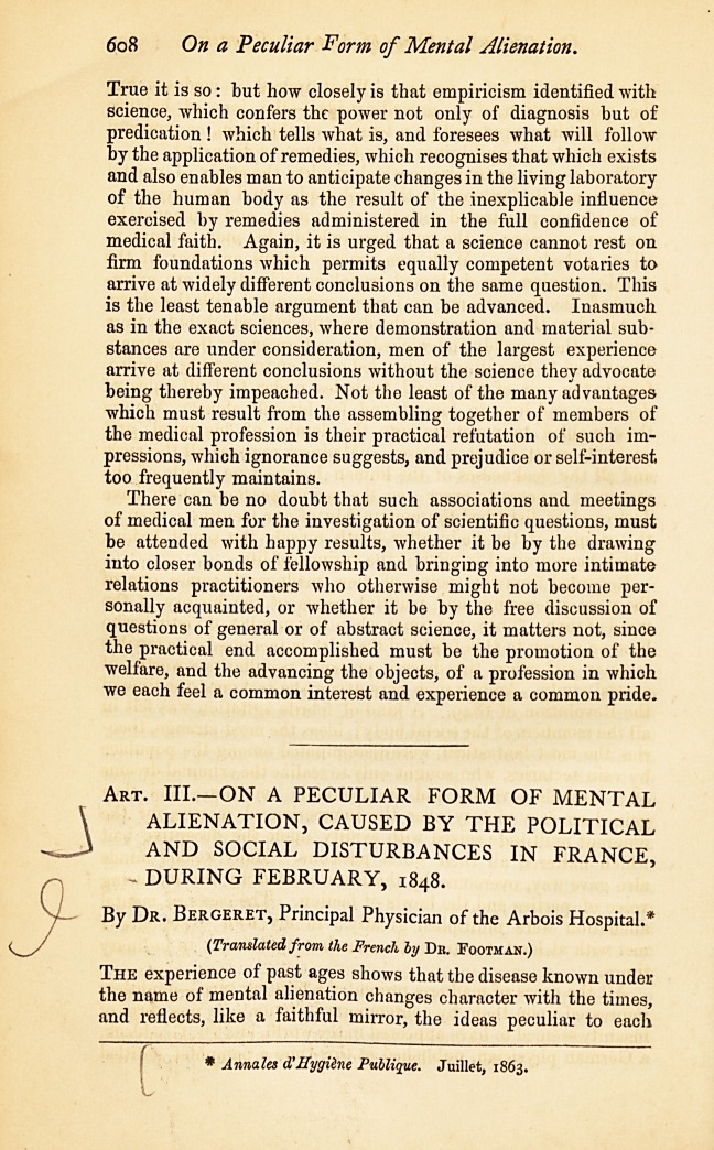 On a Peculiar Form of Mental Alienation, Caused by the Political and Social Disturbances in France, during 1848.