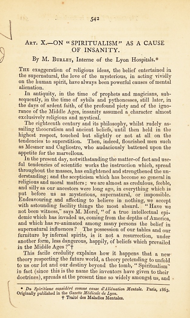 On "Spiritualism" as a Cause of Insanity.