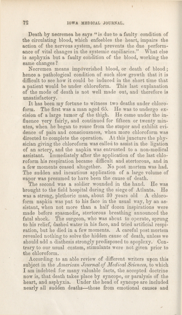 Anæsthesia: Reported to the Iowa State Medical Society, at Its Session in Davenport, May, 1867.