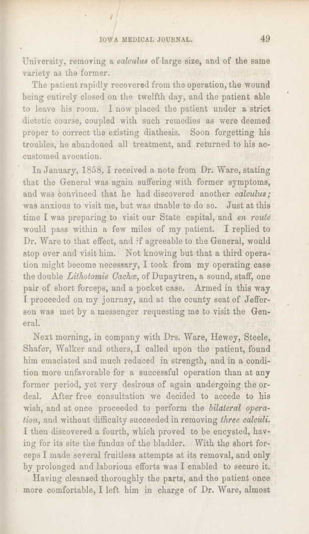 Report of Four Successful Operations, upon the Same Individual, for Stone in the Bladder: Reported to the Iowa State Medical Society.