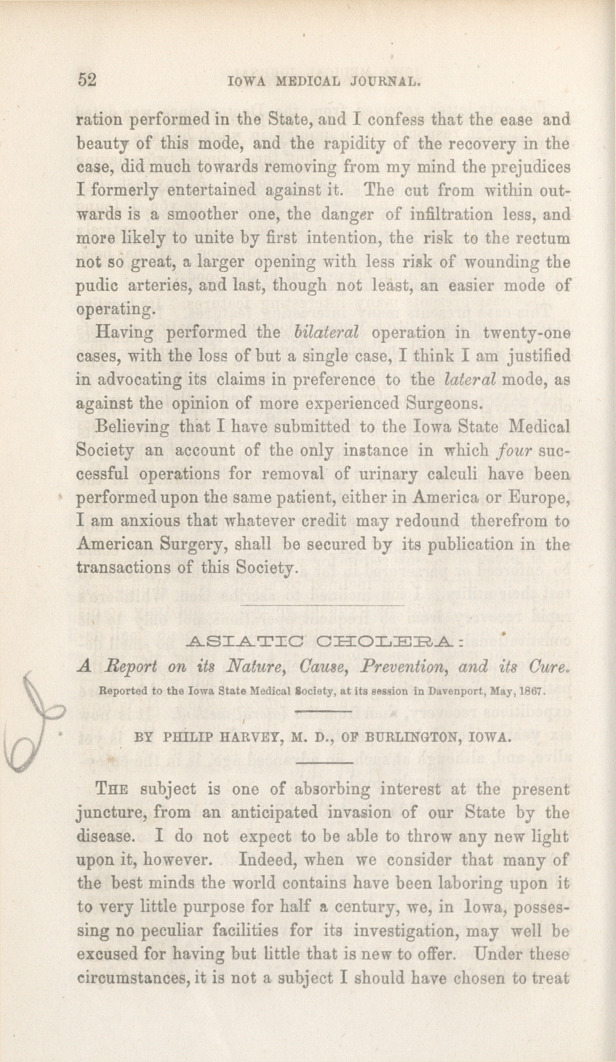 Asiatic Cholera: Reported to the Iowa State Medical Society, at Its Session in Davenport, May, 1867.