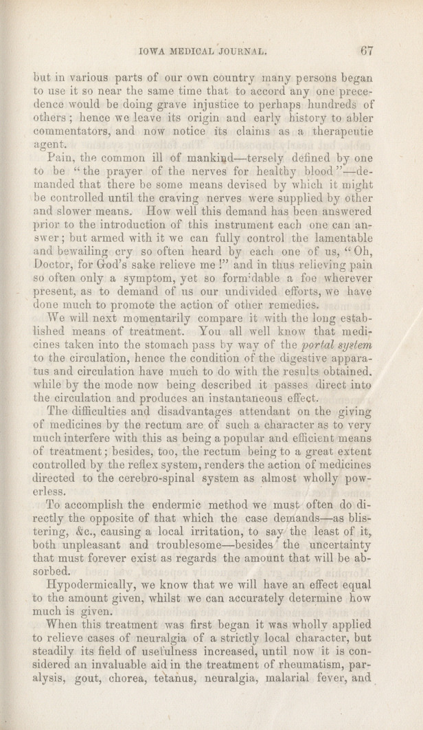 Hypodermic Injections: Reported to the Iowa State Medical Society, at Its Session in Davenport, May, 1867.