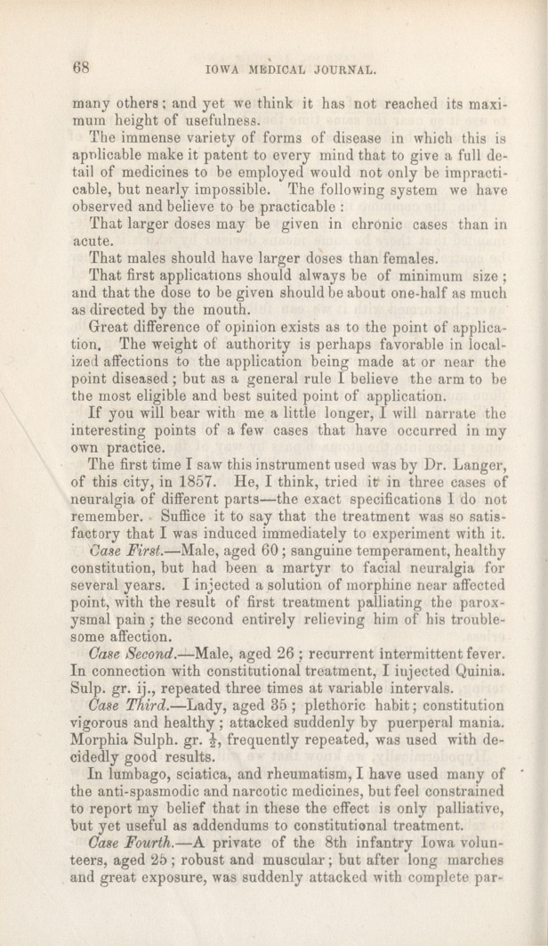 Hypodermic Injections: Reported to the Iowa State Medical Society, at Its Session in Davenport, May, 1867.