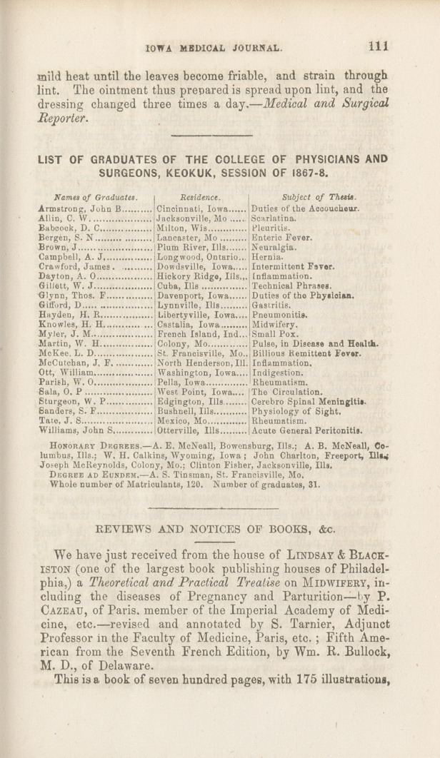 List of Graduates of the College of Physicians and Surgeons, Keokuk, Session of 1867-8.