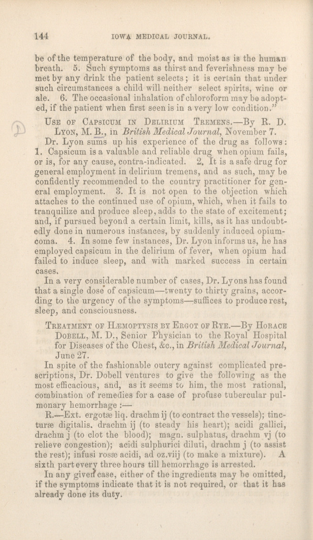 Treament of Hæmoptysis by Ergot of Rye.