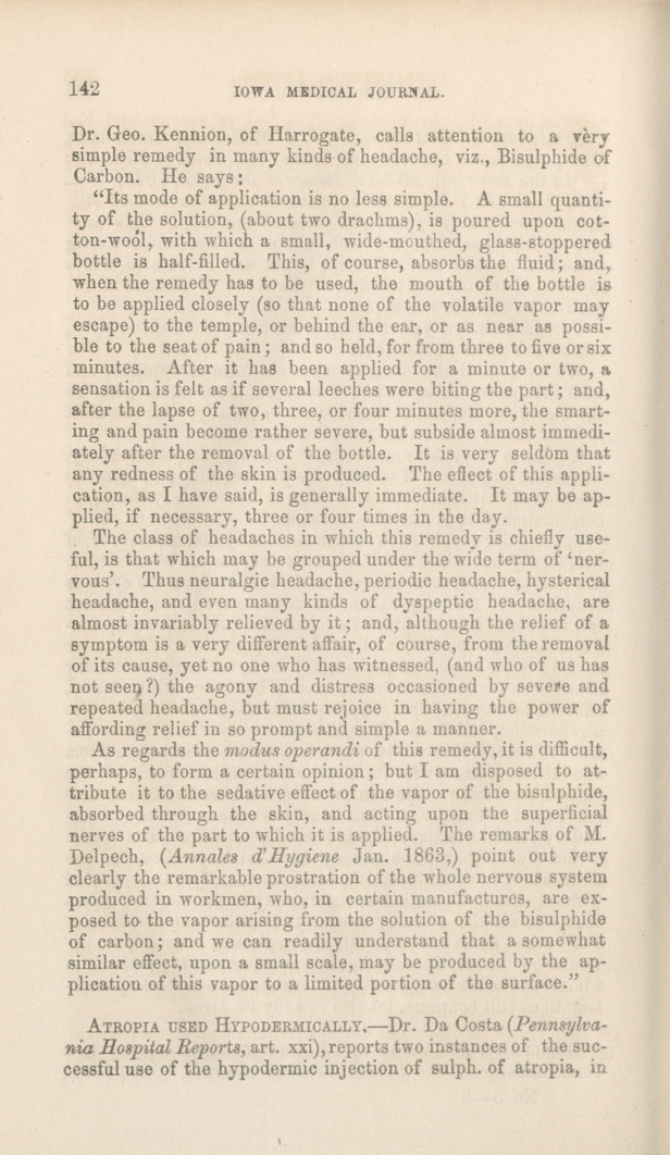 Bisulphide of Carbon as a Remedy for Headache.