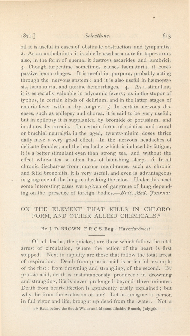 On the Element That Kills in Chloroform, and Other Allied Chemicals.