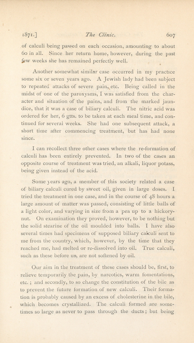 Biliary Calculi-Passage of a Large Number, and of Unusual Size: Case Reported to the Chicago Medical Society November 6th, 1871.