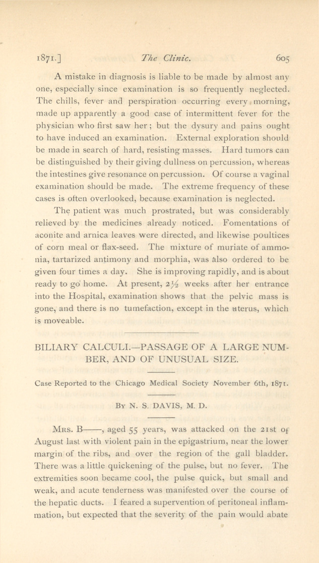 Biliary Calculi-Passage of a Large Number, and of Unusual Size: Case Reported to the Chicago Medical Society November 6th, 1871.