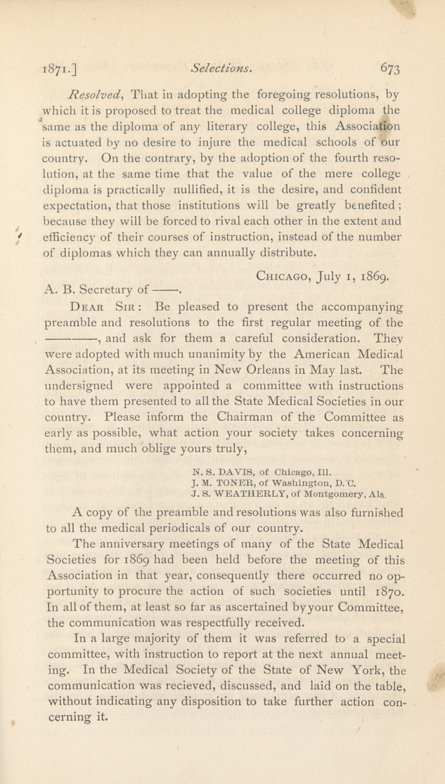 Report of the Committee of Amer. Med. Ass'n, Etc.: Read May 2, 1871.