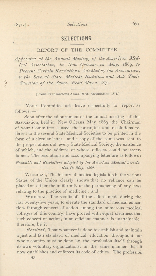 Report of the Committee of Amer. Med. Ass'n, Etc.: Read May 2, 1871.