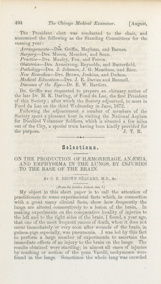 On the Production of Hæmorrhage, Anæmia, and Emphysema in the Lungs, by Injuries to the Base of the Brain.