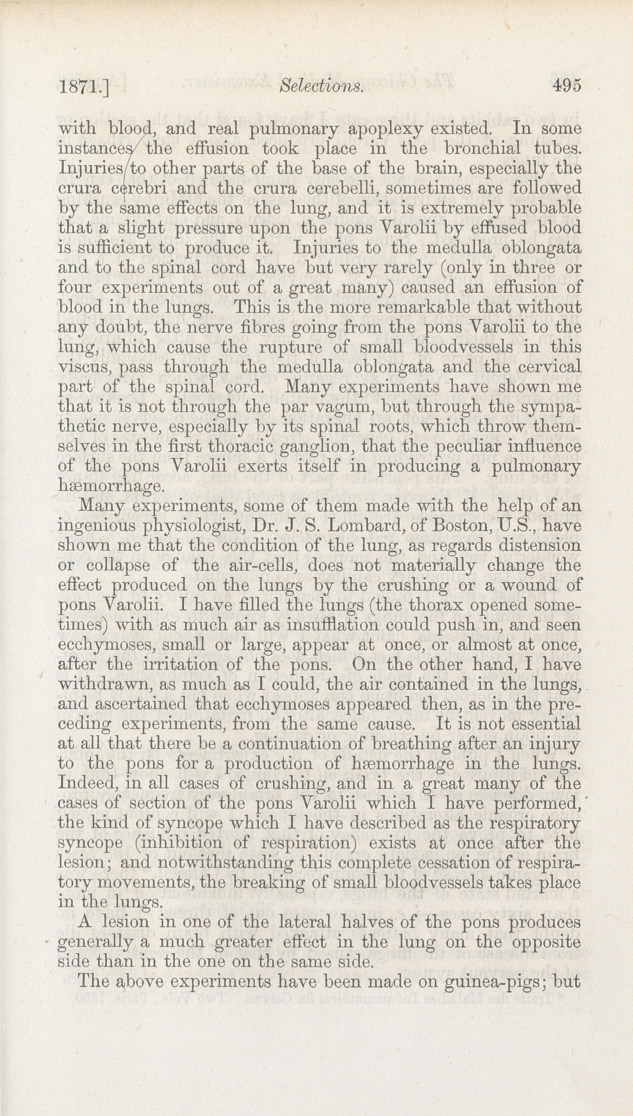 On the Production of Hæmorrhage, Anæmia, and Emphysema in the Lungs, by Injuries to the Base of the Brain.