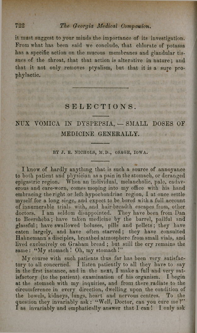 Selections-Nux Vomica in Dyspepsia: Small Doses of Medicine Generally.