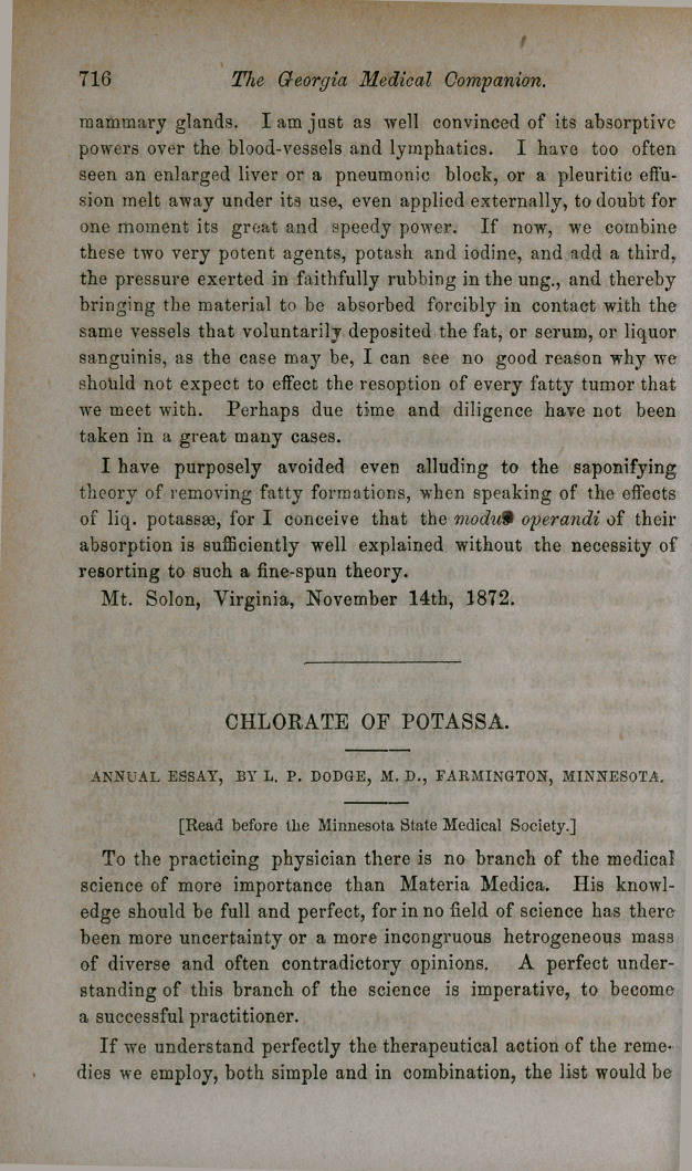 Chlorate of Potassa: Annual Essay.