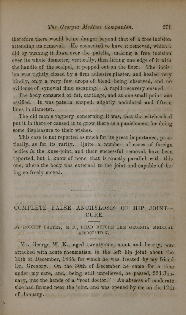 Complete False Anchylosis of Hip Joint-Cure.