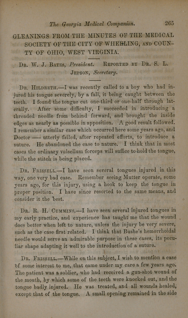 Gleanings from the Minutes of the Medical Society of the City of Wheeling, and County of Ohio, West Virginia.