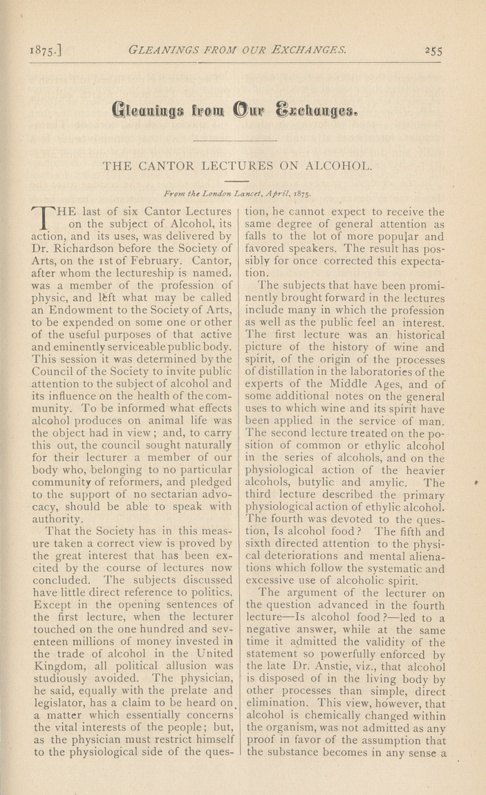 The Cantor Lectures on Alcohol.