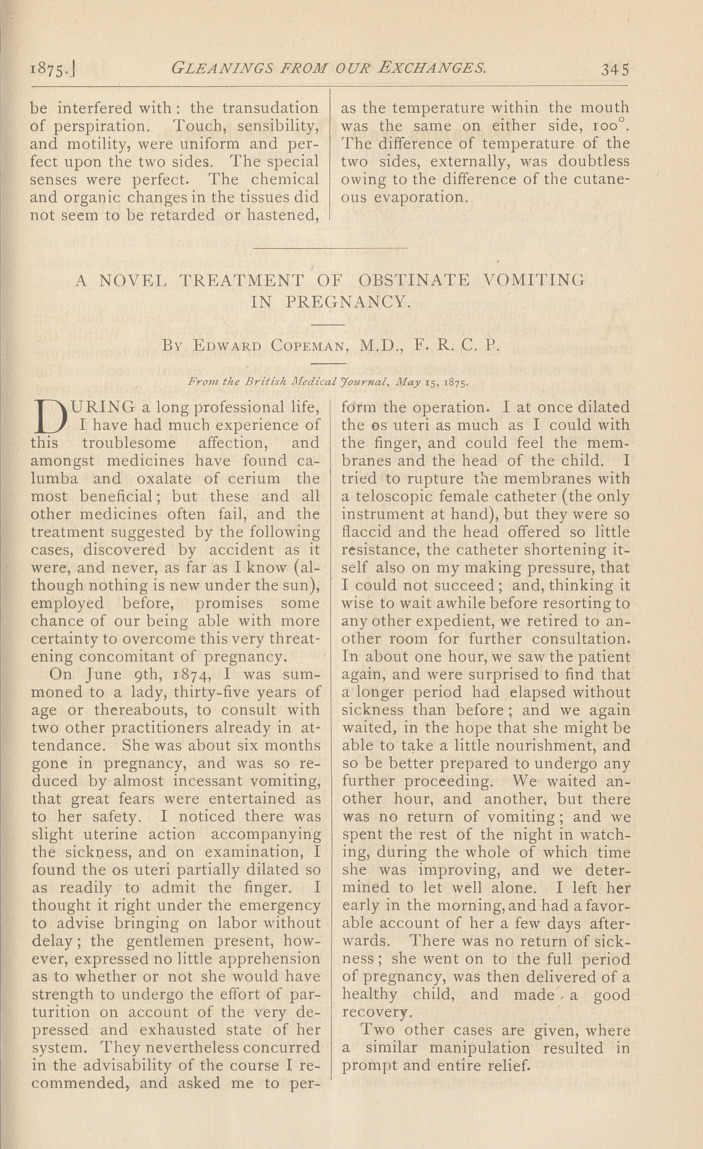 A Novel Treatment of Obstinate Vomiting in Pregnancy.