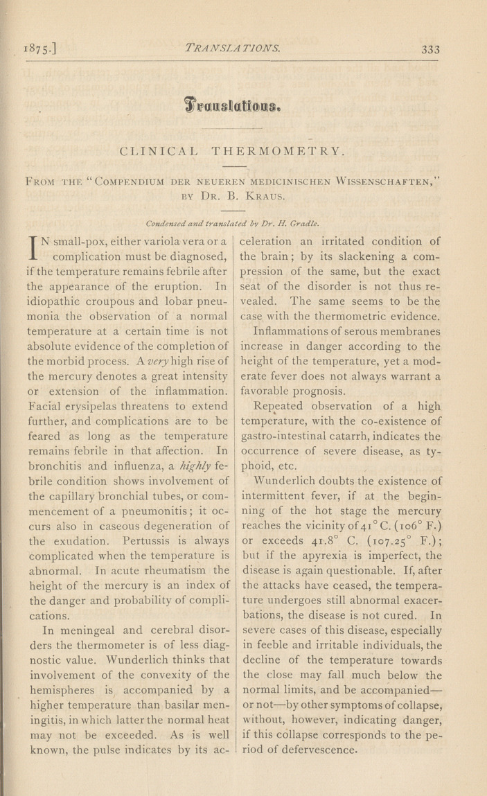 Clinical Thermometry: From the "Compendium Der Neueren Medicinischen Wissenschaften".