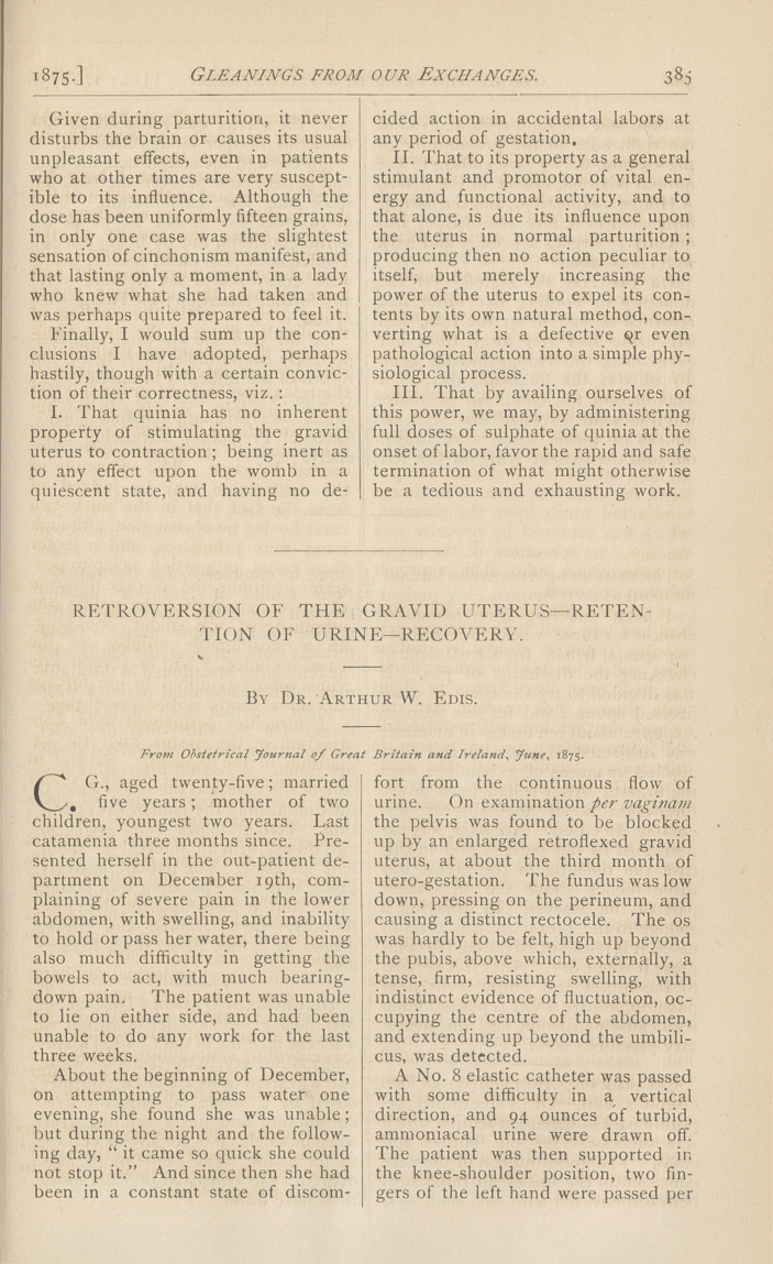 Retroversion of the Gravid Uterus-Retention of Urine-Recovery.