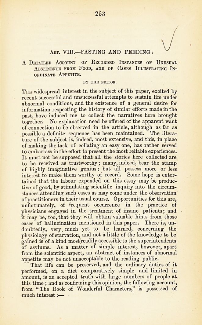 Fasting and Feeding: A Detailed Account of Recorded Instances of Unusual Abstinence from Food, and of Cases Illustrating Inordinate Appetite.