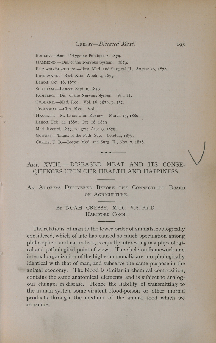 Diseased Meat and Its Consequences upon Our Health and Happiness: An Address Delivered before the Connecticut Board of Agriculture.