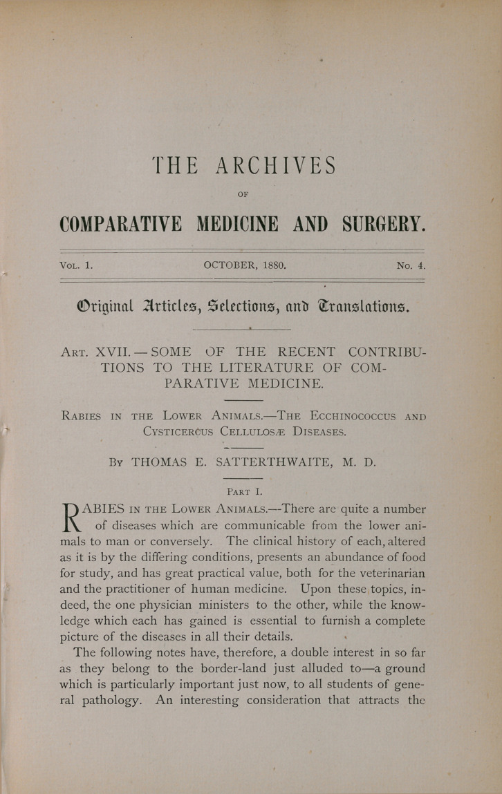 Recent Contributions to the Literature of Comparative Medicine: Rabies in the Lower Animals.-The Ecchinococcus and Cysticercus Cellulosæ Diseases.