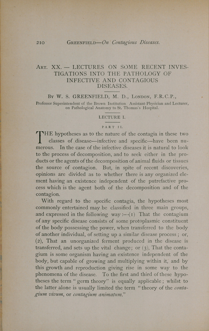 Lectures on Some of the Recent Investigations into the Pathology of Infective and Contagious Diseases.