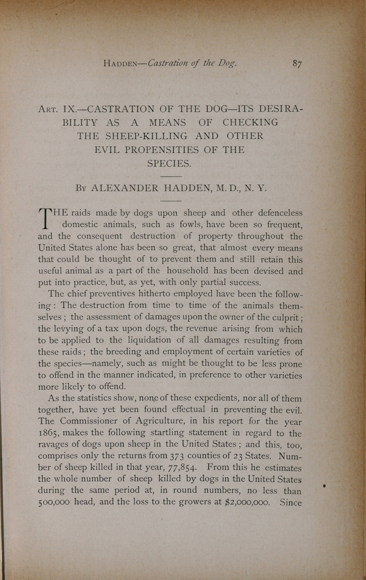 Castration of the Dog-Its Desirability as a Means of Checking the Sheep-Killing and Other Evil Propensities of the Species.