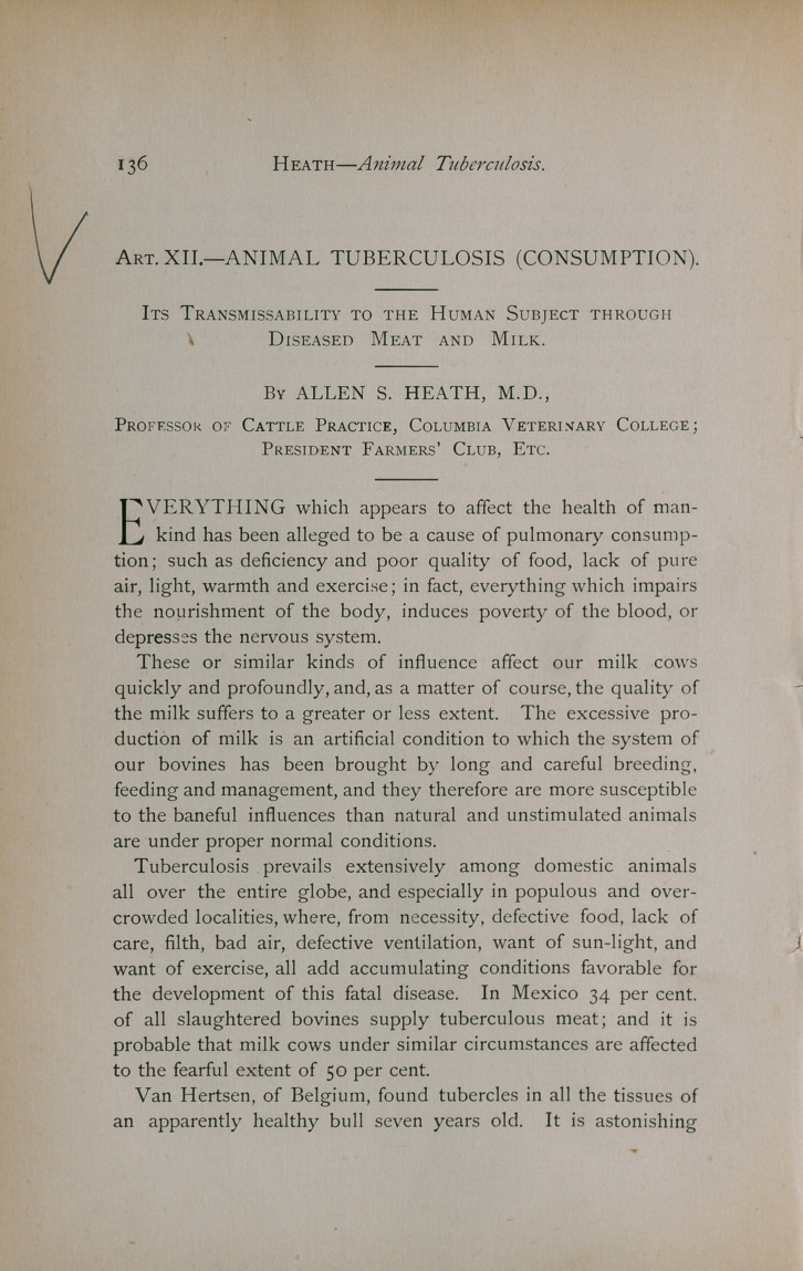 Animal Tuberculosis: Its Transmissability to the Human Subject through Diseased Meat and Milk.