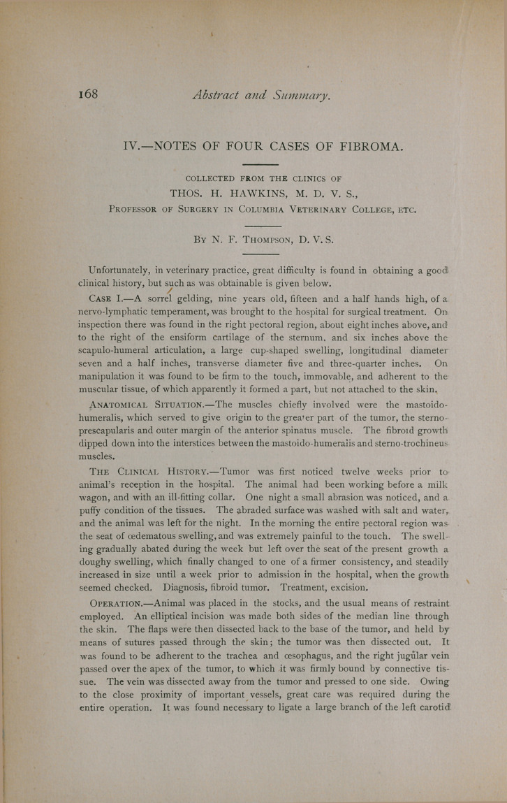 Four Cases of Fibroma: Collected from the Clinics of Thos. H. Hawkins, M. D. V. S., Professor of Surgery in Columbia Veterinary College, Etc.
