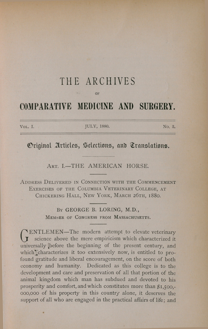 The American Horse: Address Delivered in Connection with the Commencement Exercises of the Columbia Veterinary College, at Chickering Hall, New York, March 26th, 1880.