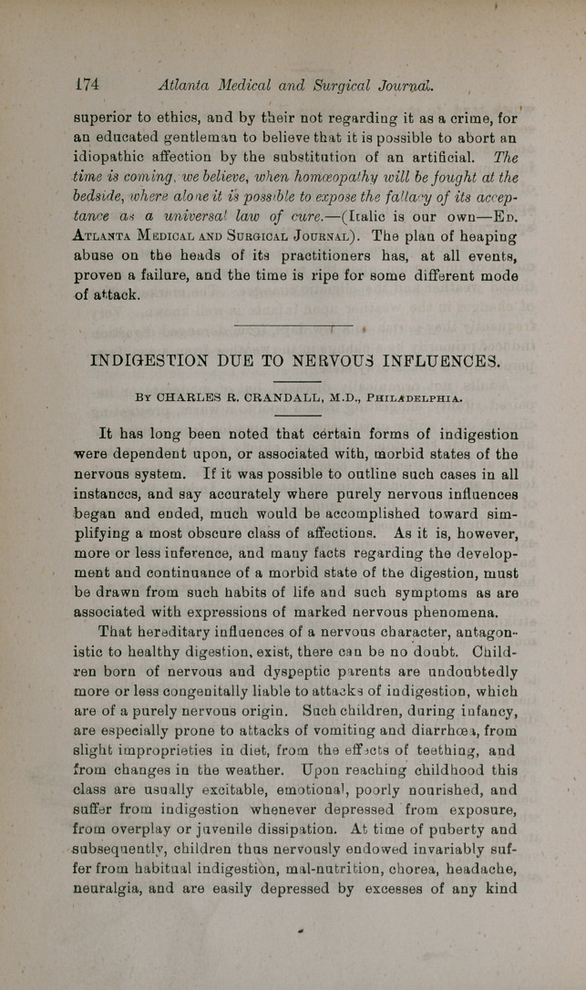 Indigestion Due to Nervous Influences.