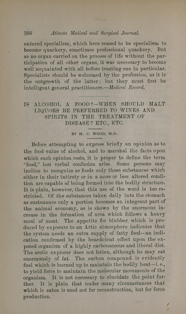 Is Alcohol a Food?-When Should Malt Liquors Be Preferred to Wines and Spirits in the Treatment of Disease? Etc., Etc.