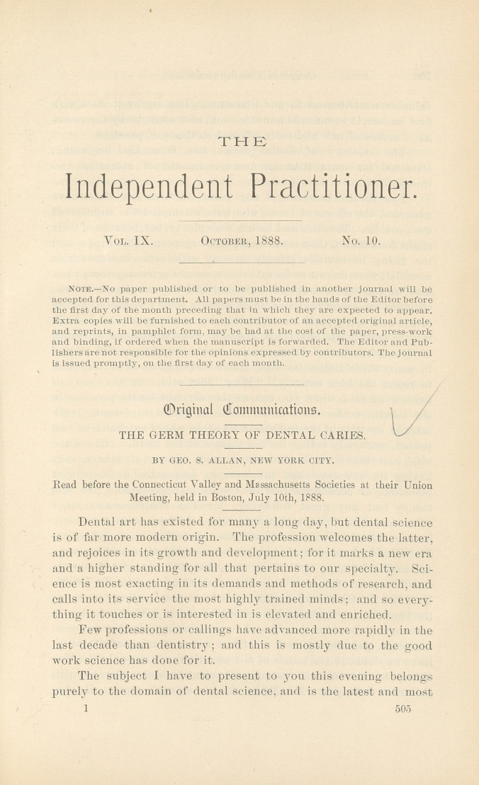 The Germ Theory of Dental Caries.