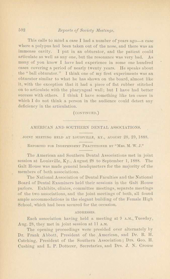 American and Southern Dental Associations: Joint Meeting Held at Louisville, Ky., August 28, 29, 1888.