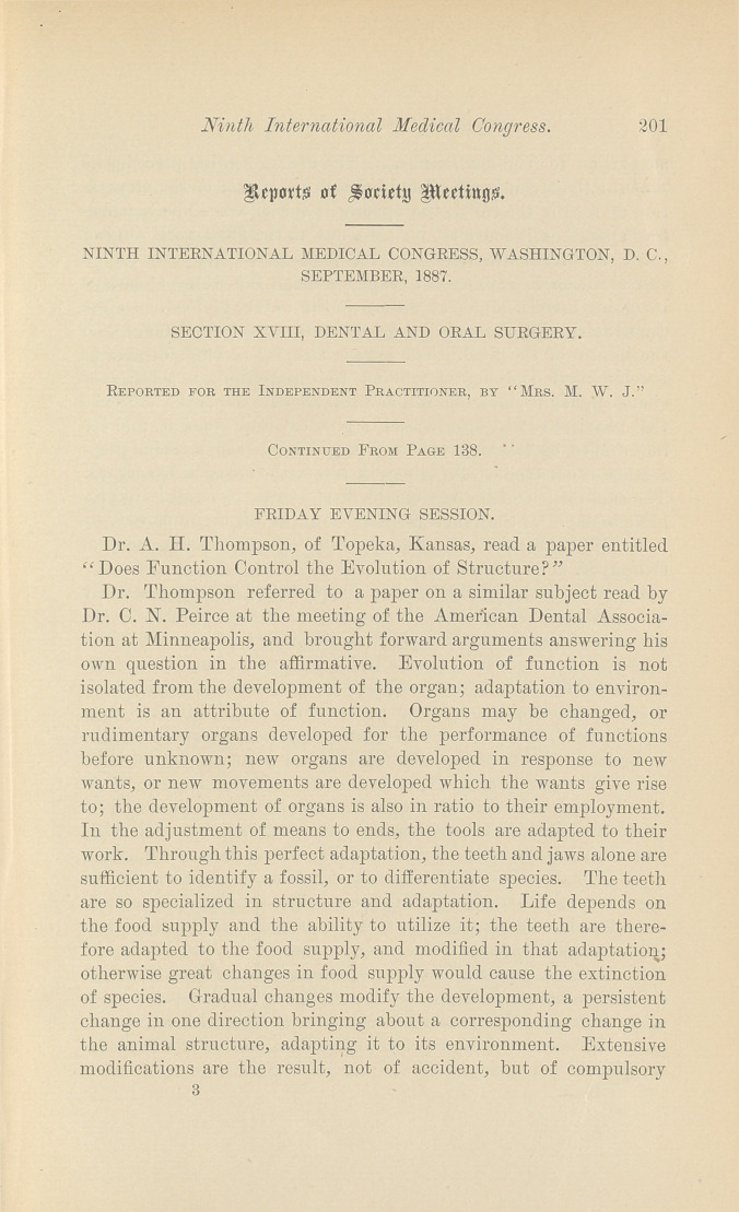 Ninth International Medical Congress, Washington, D. C., September, 1887: Section XVIII, Dental and Oral Surgery.