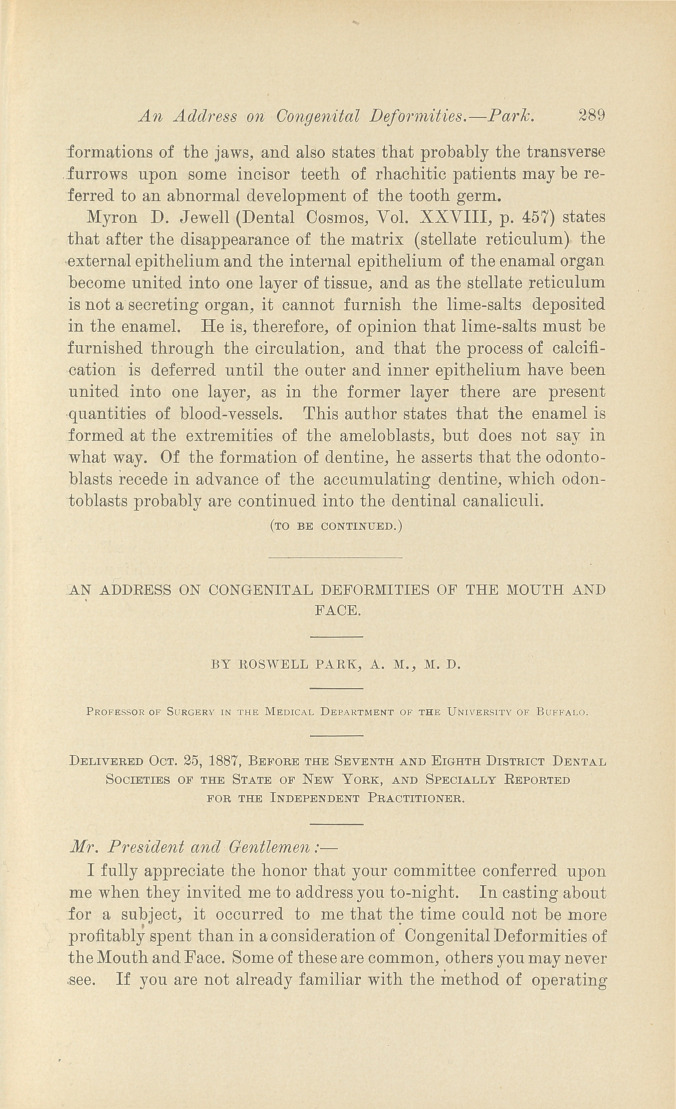 An Address on Congenital Deformities of the Mouth and Face.