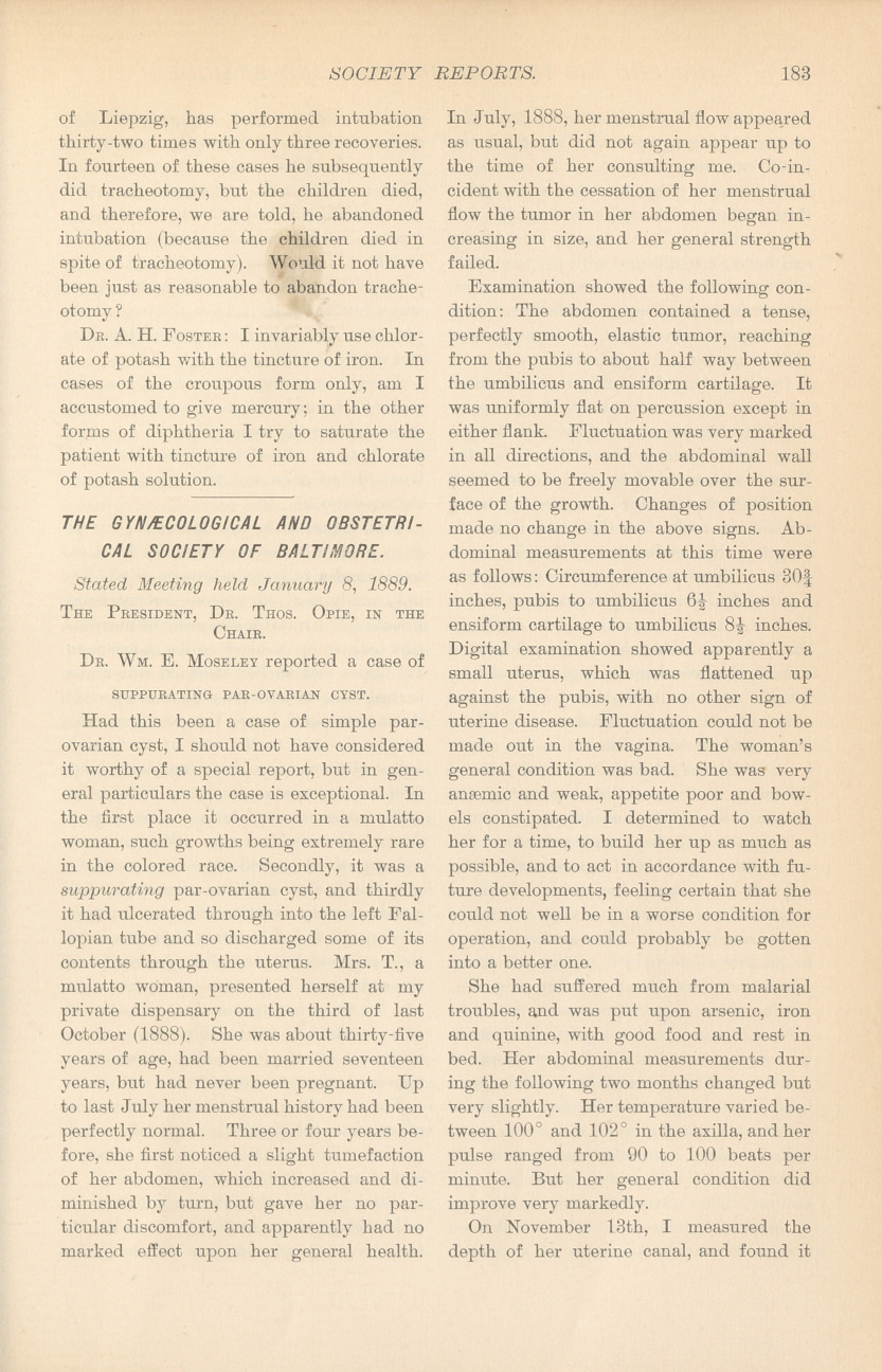 Gynæcological and Obstetrical Society of Baltimore: Stated Meeting, January 8, 1889.