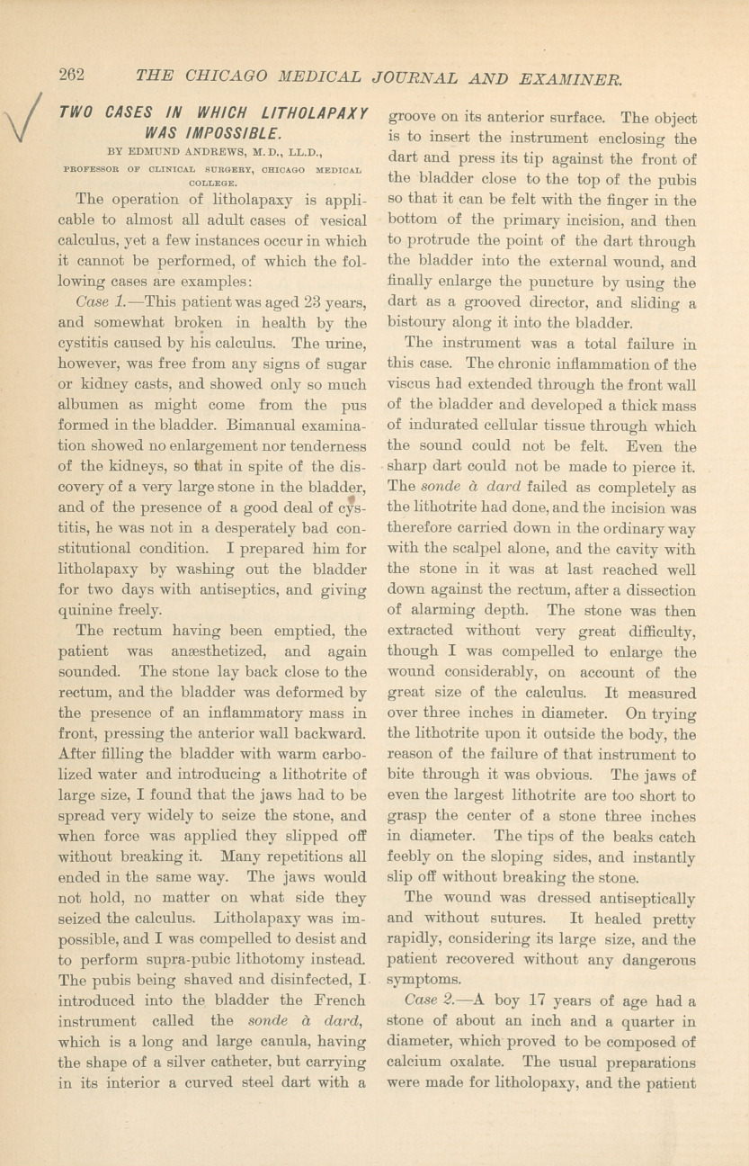 Two Cases in Which Litholapaxy Was Impossible.